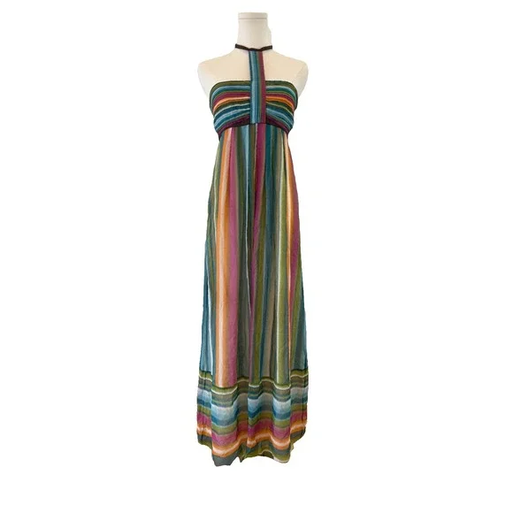 Catherine Malandrino Runway 100% Silk Chiffon Rainbow Halter Maxi Dress  Pockets